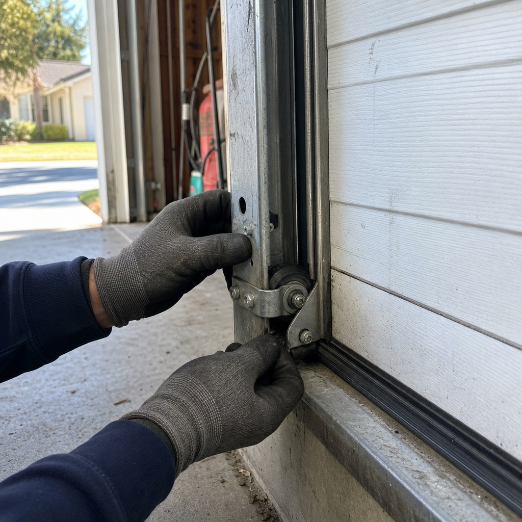 Technician performing professional emergency garage door roller repair and maintenance.