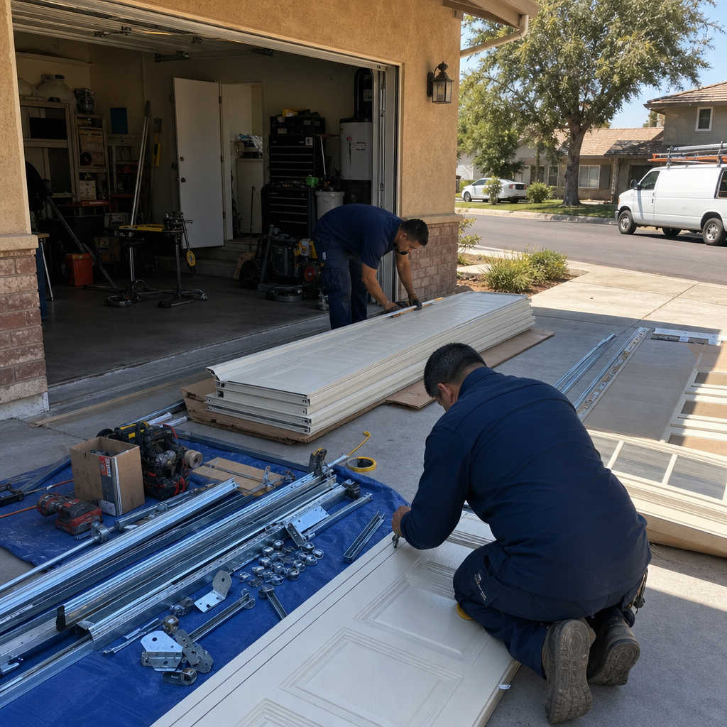 Two technicians installing a new residential garage door on a driveway
