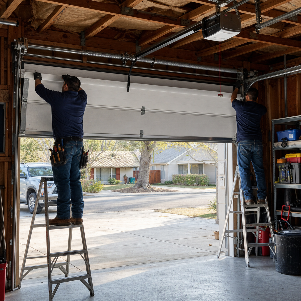 Two technicians installing a white residential garage door on ladders.