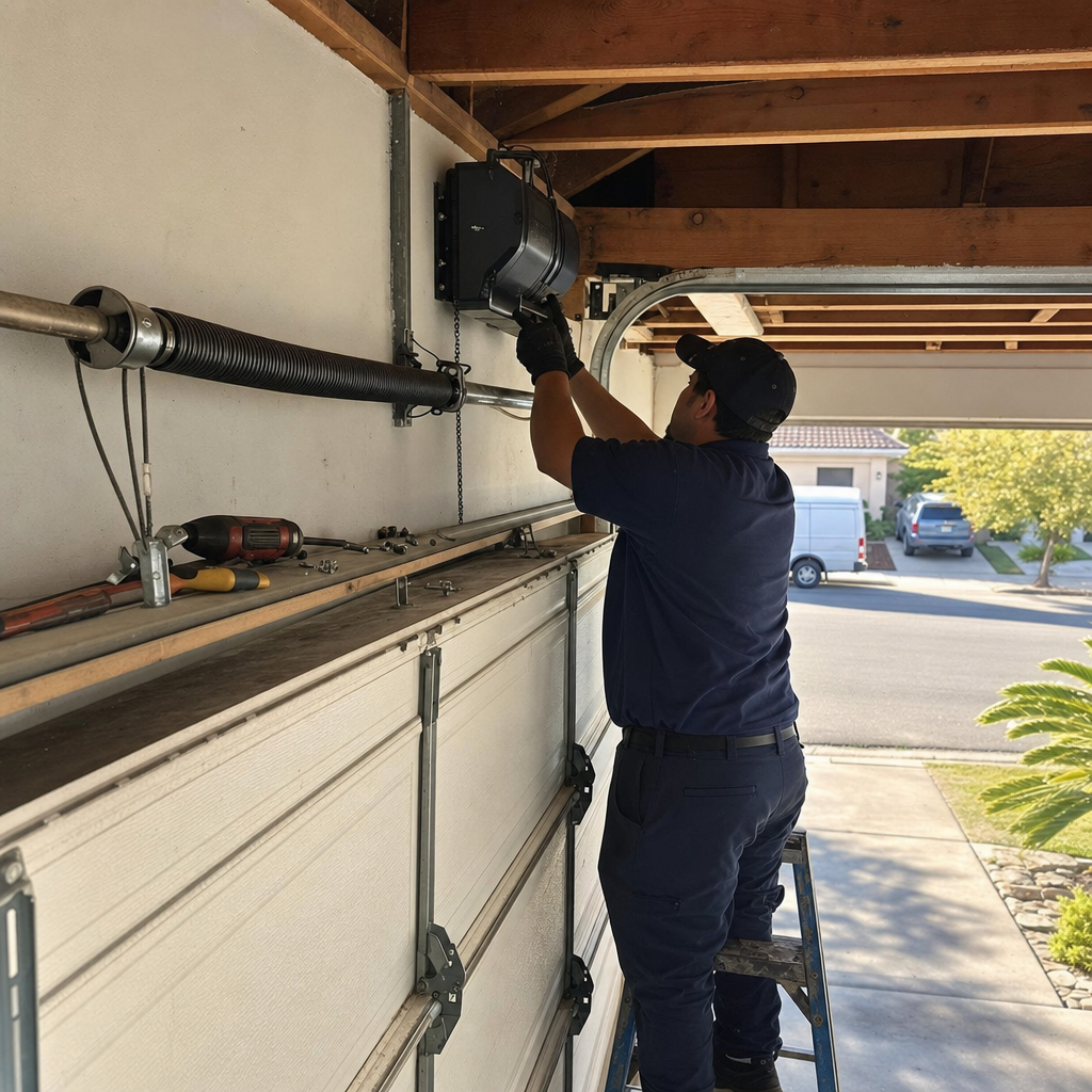 Technician installing a wall-mounted garage door opener