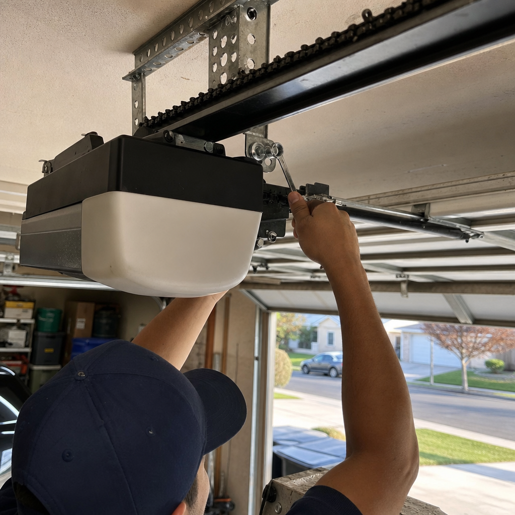 Technician using a wrench to repair a garage door opener motor