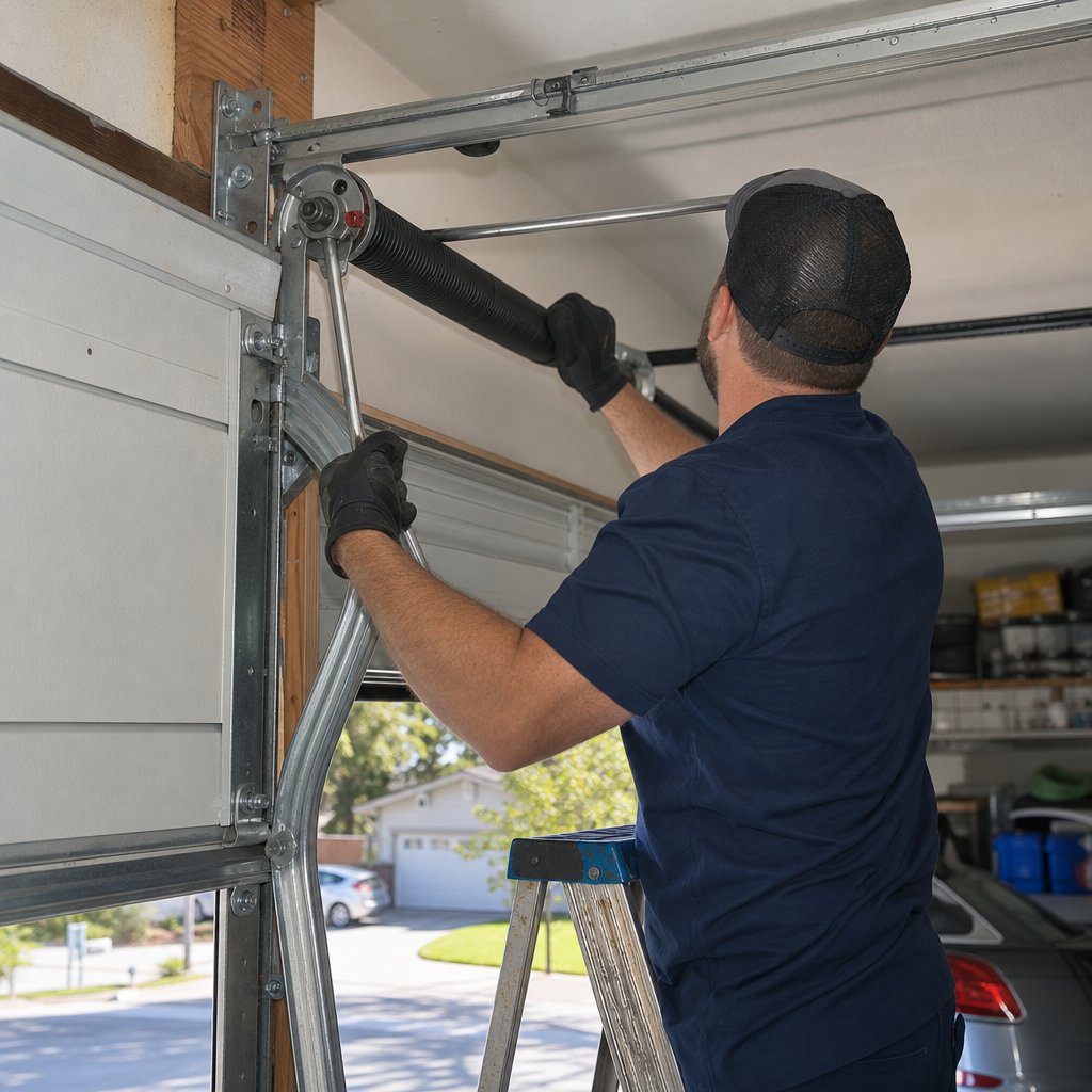 Technician performing garage door spring repair and maintenance
