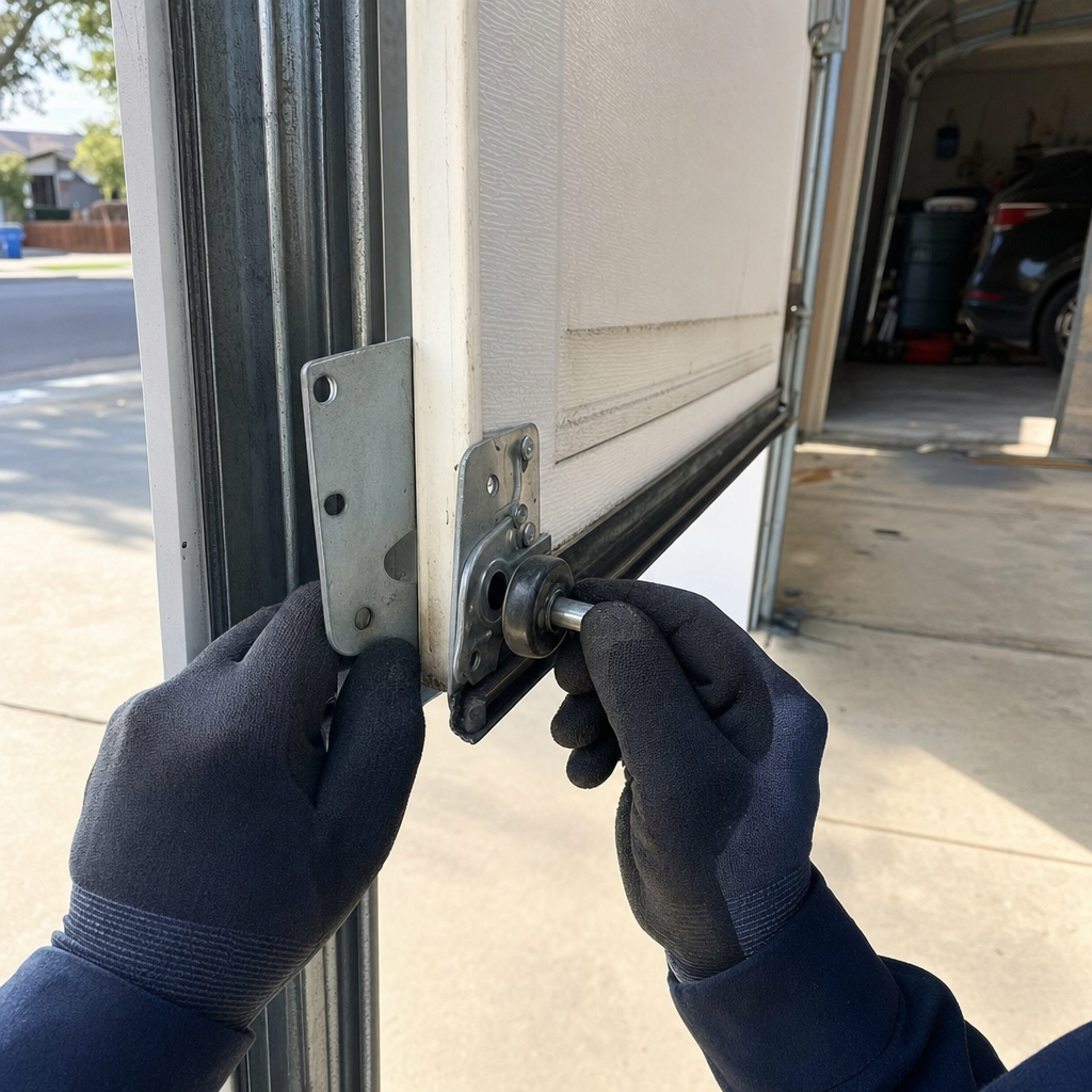 Technician performing garage door roller and hinge maintenance and repair