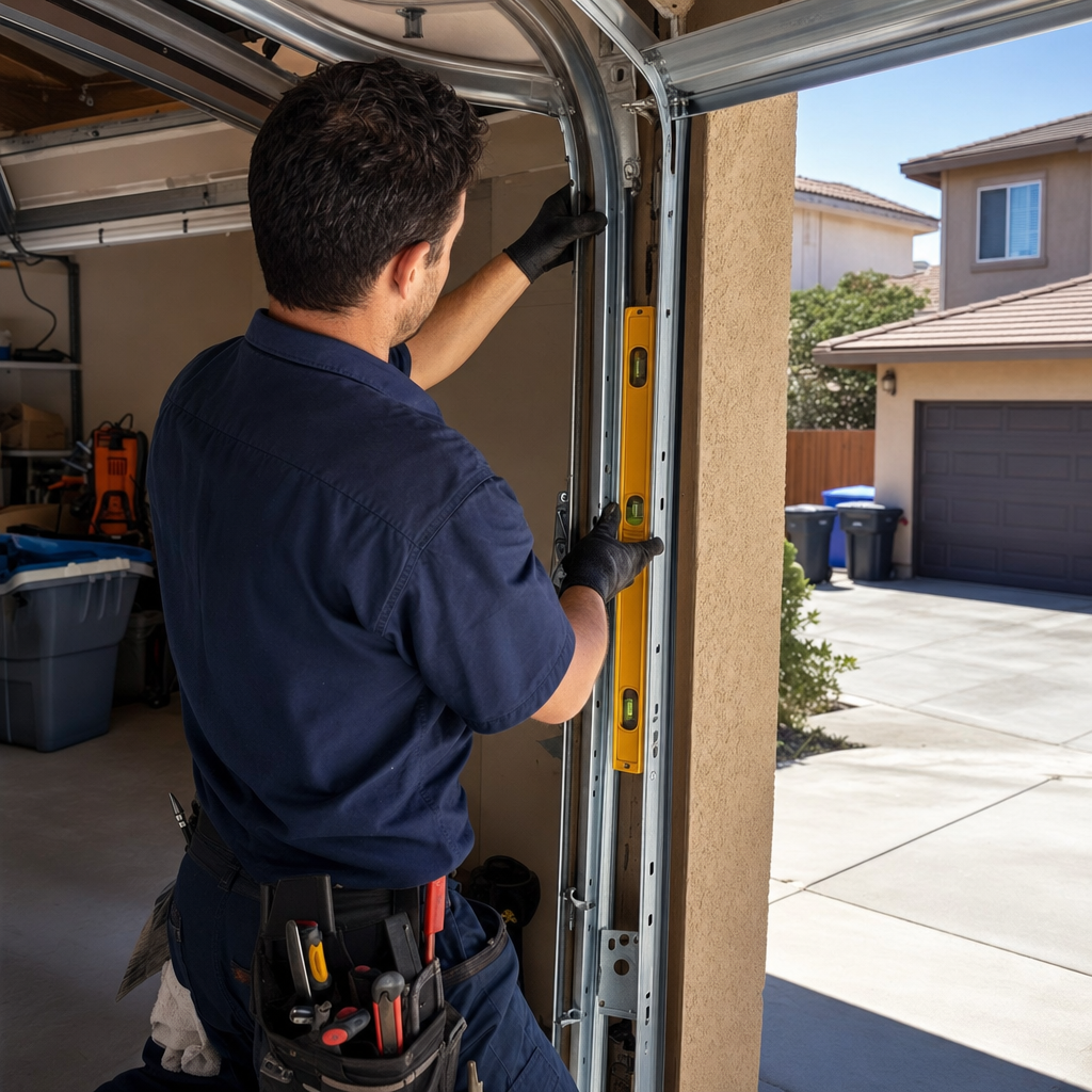 Technician using a level to adjust a garage door track