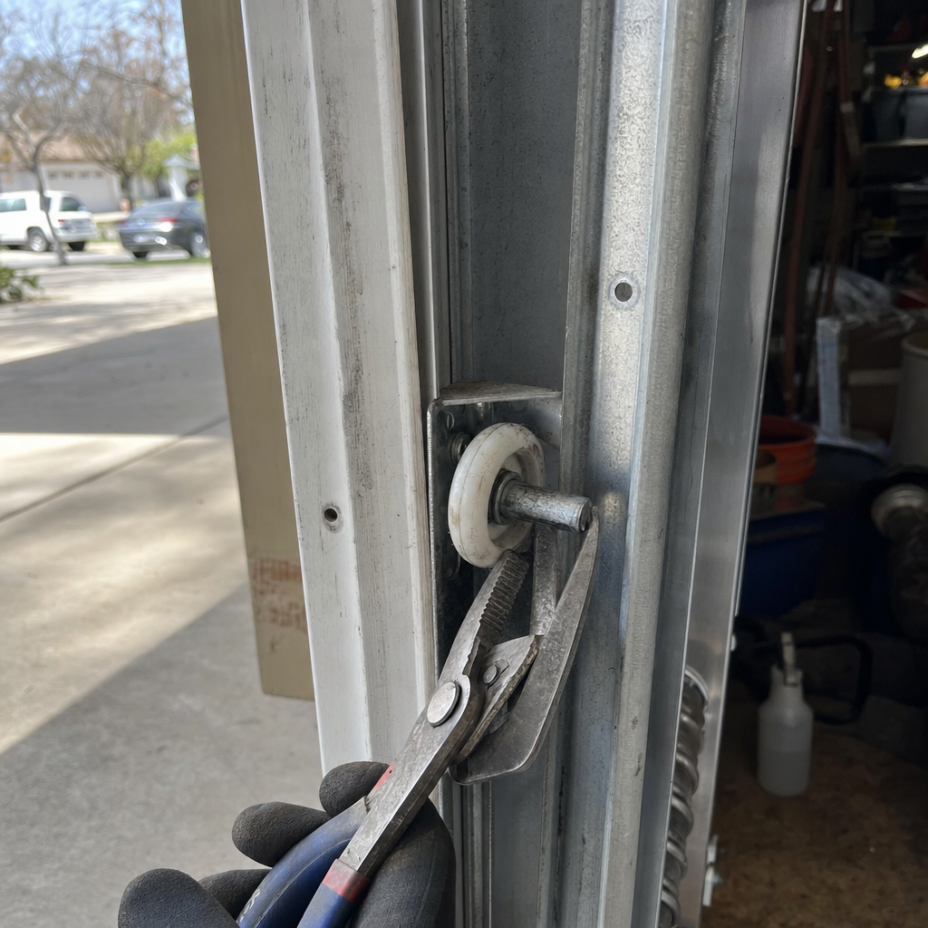 Technician using pliers to repair a garage door roller in the track