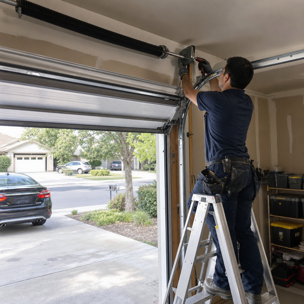 Technician performing emergency garage door repair on torsion spring in Fresno, CA