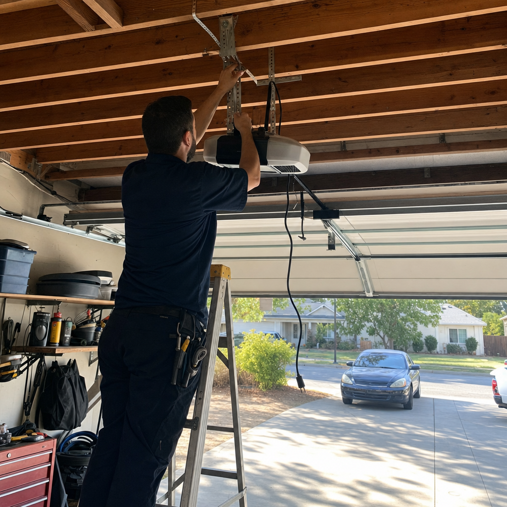 Technician performing professional garage door opener repair or installation on ceiling