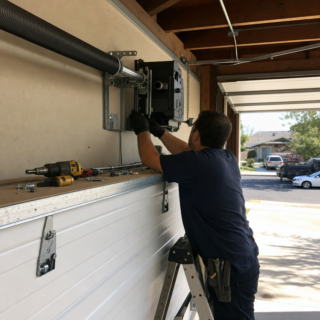 Technician installing a wall-mount garage door opener inside a residential garage