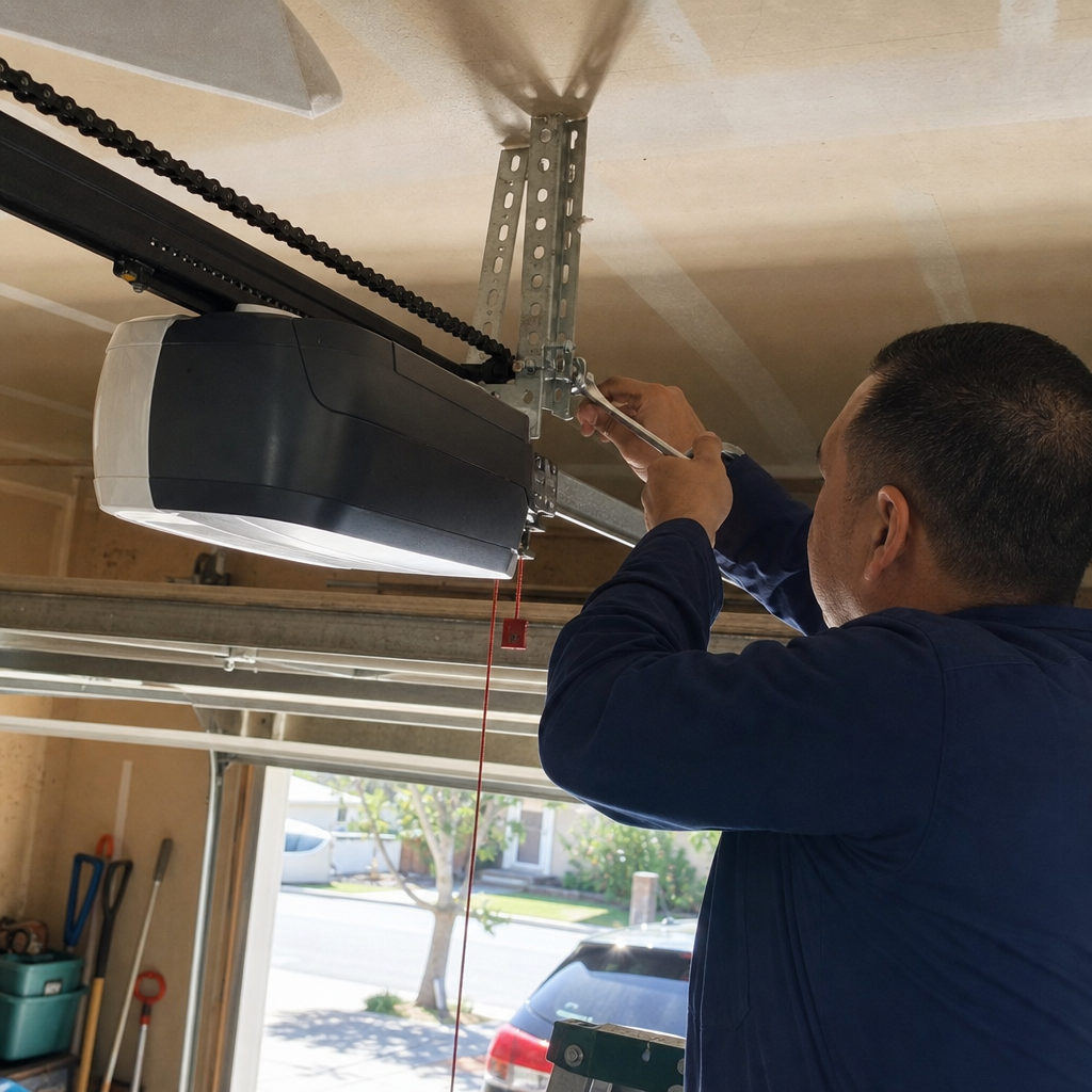 Technician using a wrench to repair a garage door opener